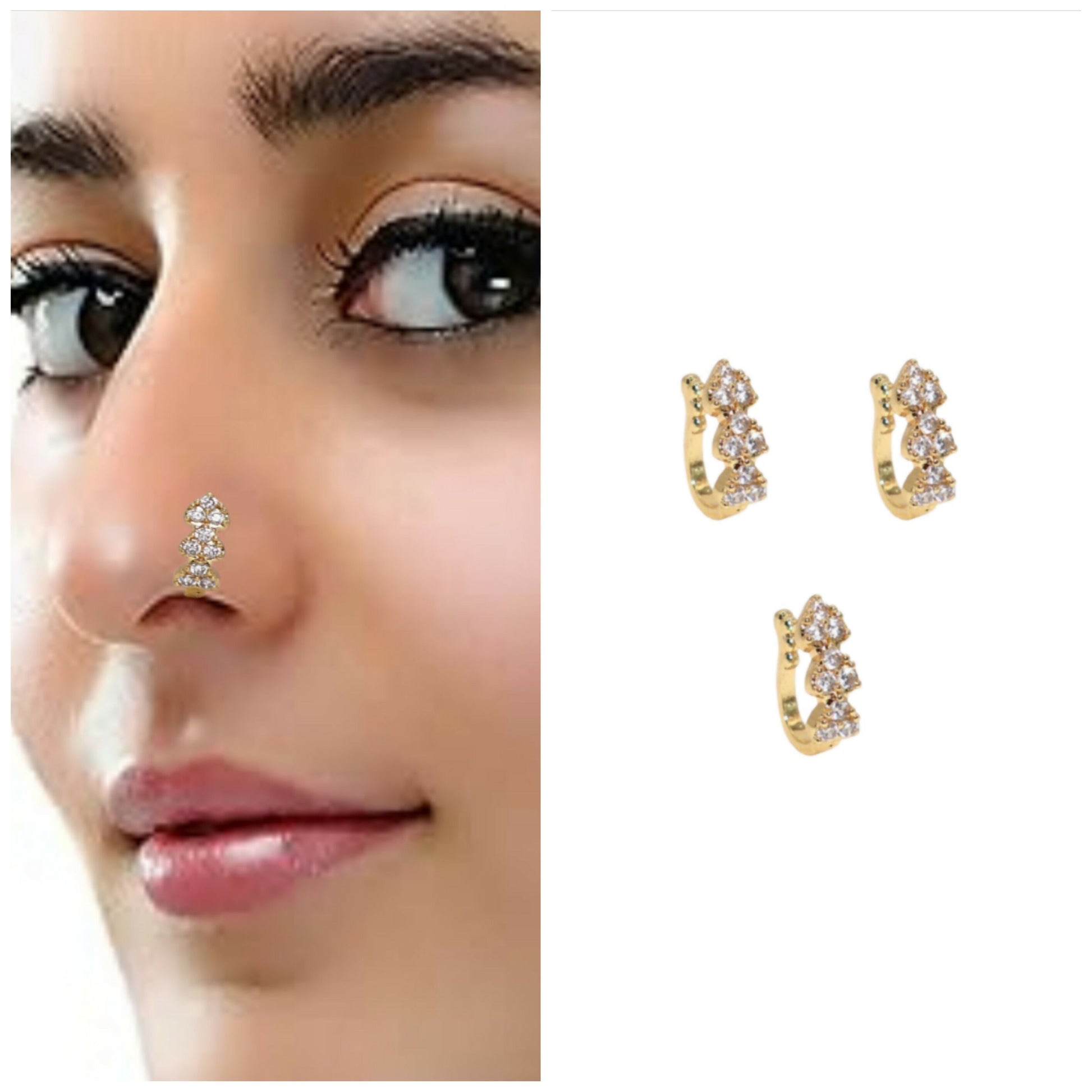 Gold Plated CZ Stone Floral Nose Clip/Non-Pierced Nath Combo Pack of 3