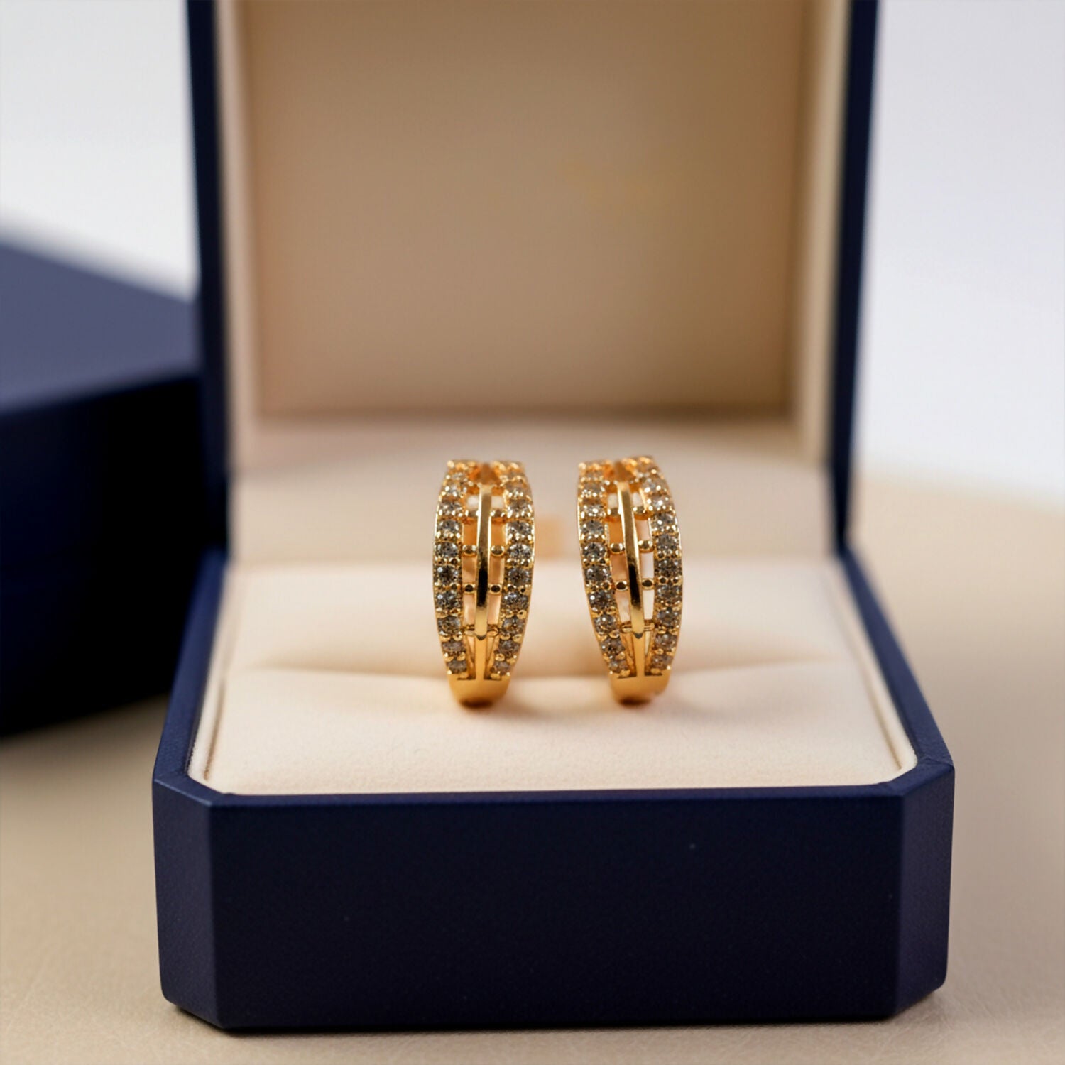 Elegant Gold Finish Double Line Stone Studded Hoop Earrings for Women
