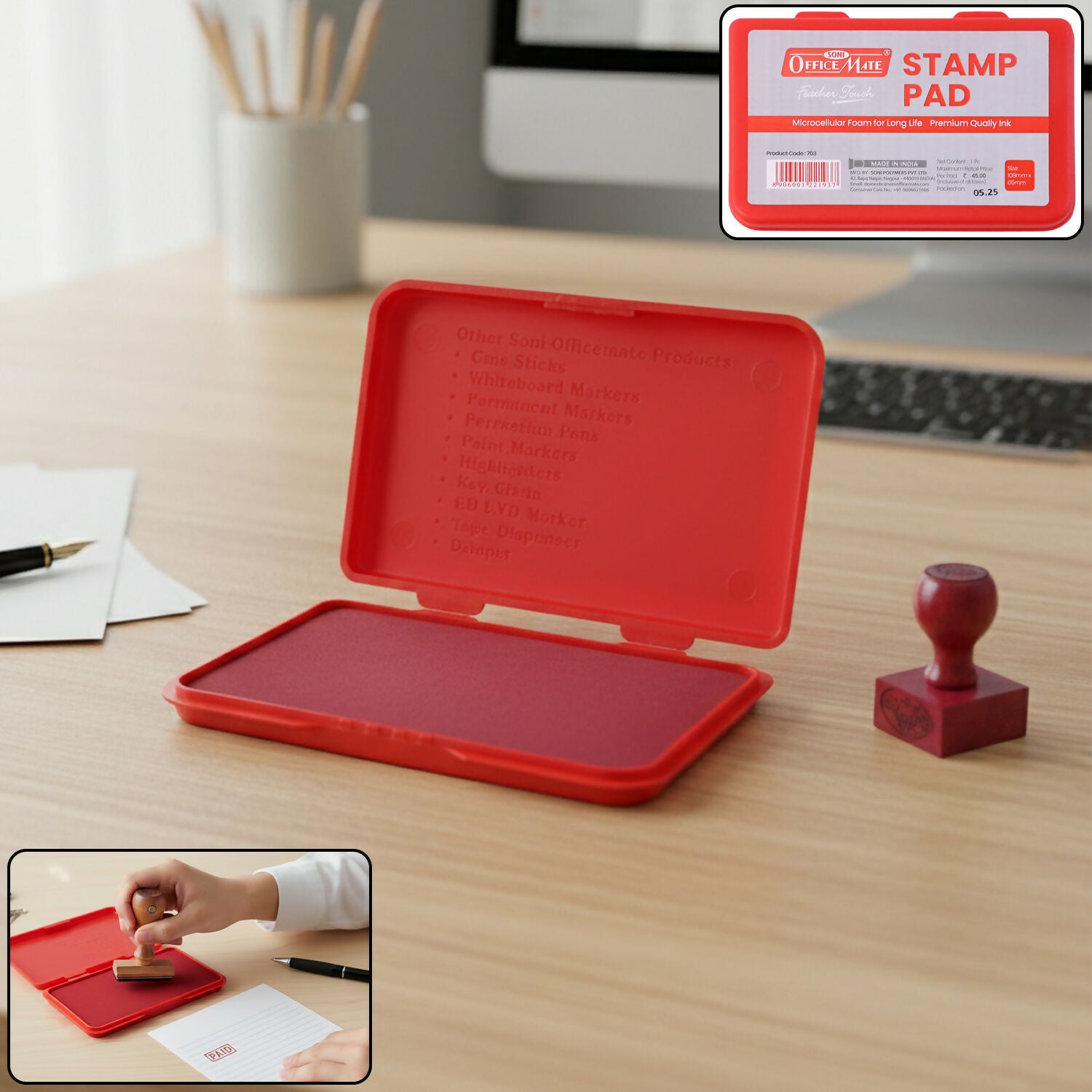 OfficeMate Red Stamp Pad – Premium Microcellular Foam, Long-Life Ink (108×65 mm)