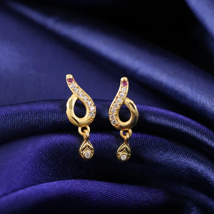 Minimal Curved Leaf Gold Earrings With Crystal Line Work And Small Drop Detailing