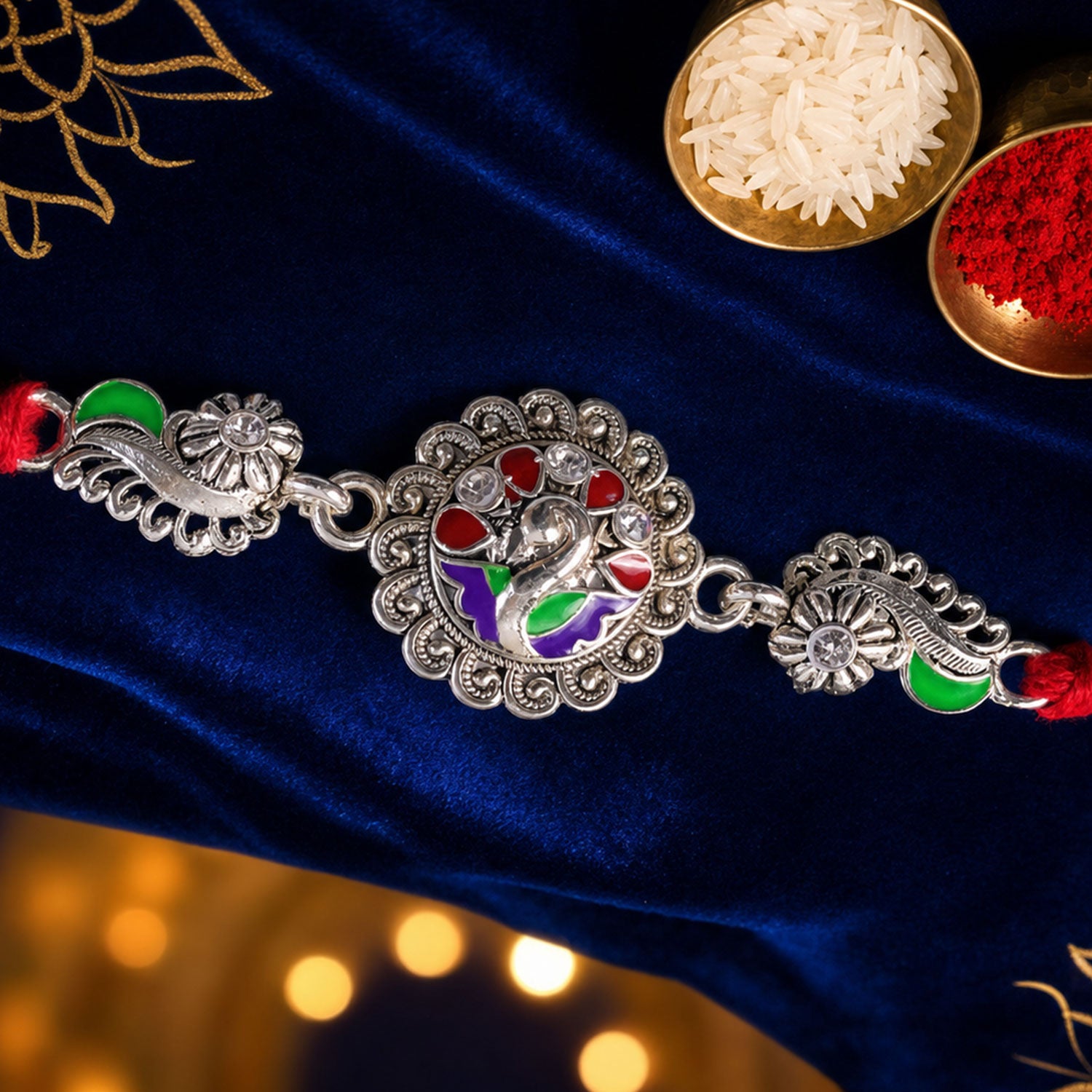 Festive Rakhi showcasing Petal Floral Medallion, pearl accents and bead line for Gift