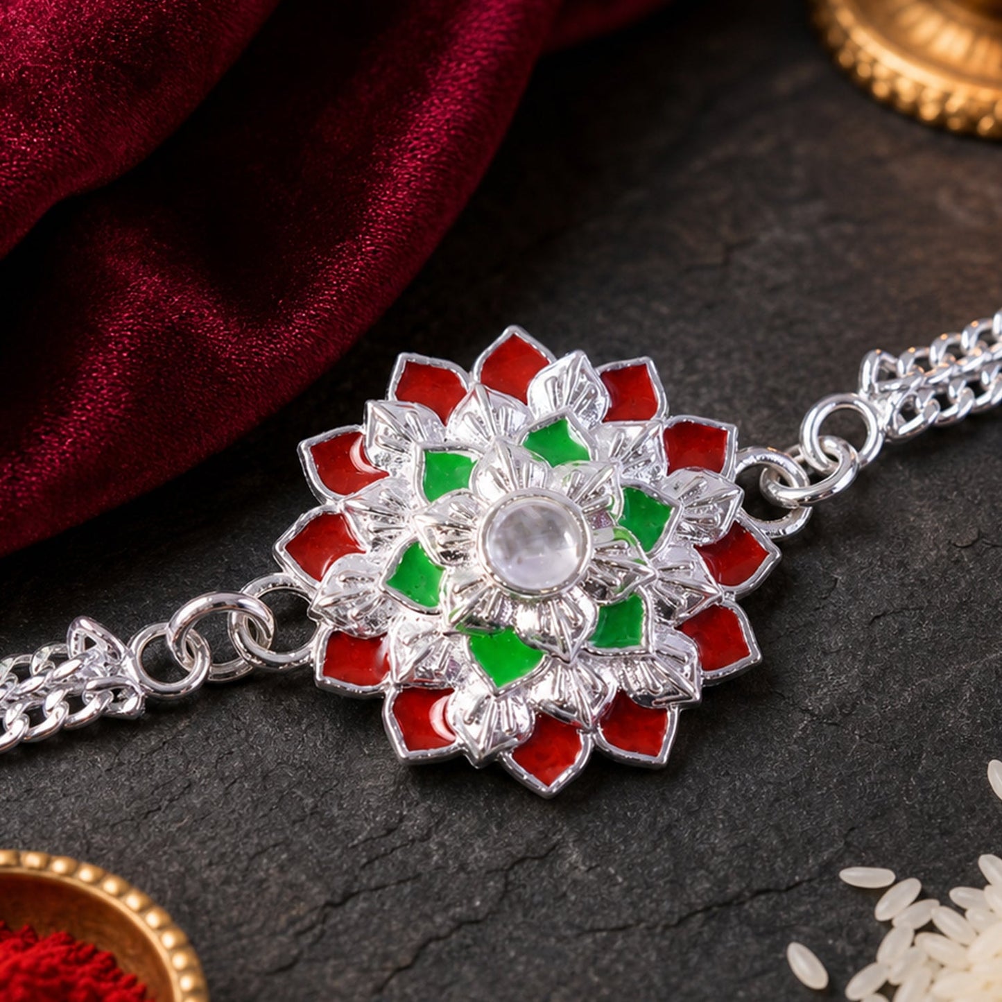 Designer Floral Rakhi Silver Toned Stone Rakhi for Brother (5pcs)