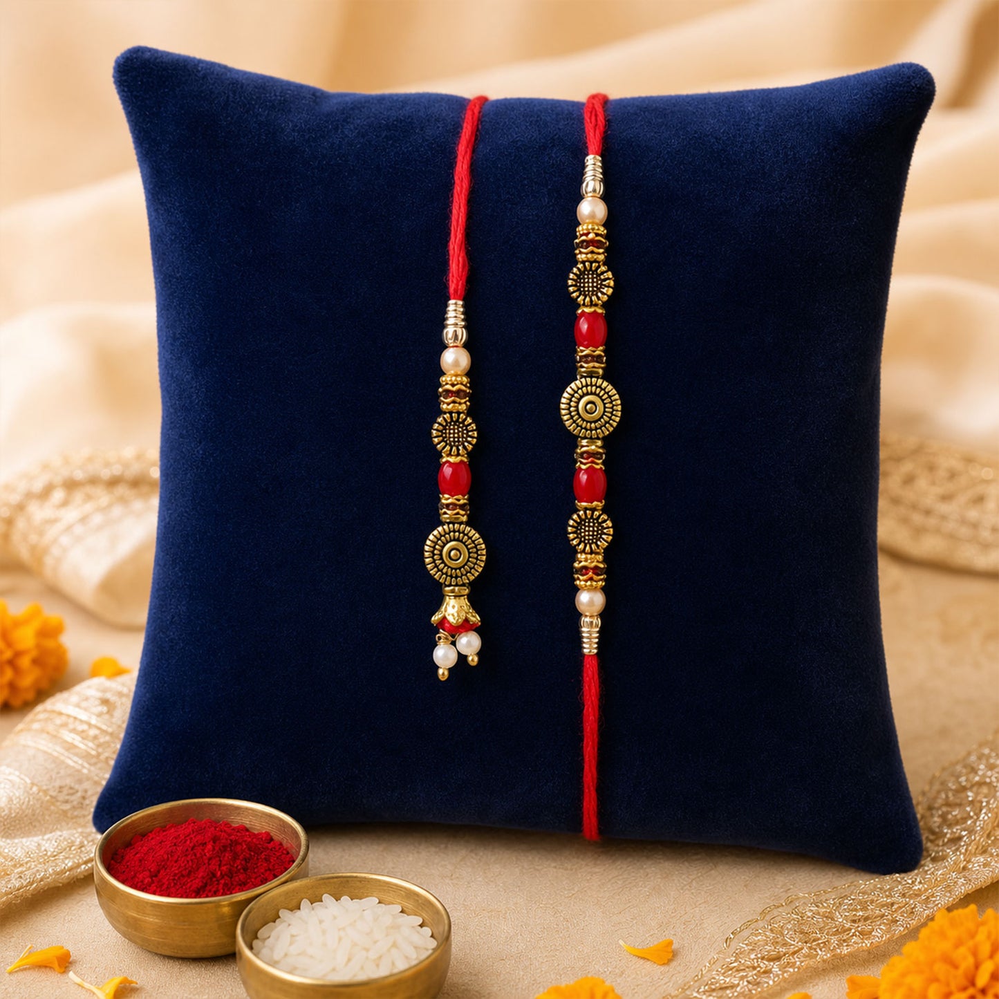Graceful Beaded Minimal Design Bhai Bhabhi Rakhi with Beads and Disc for Gifting