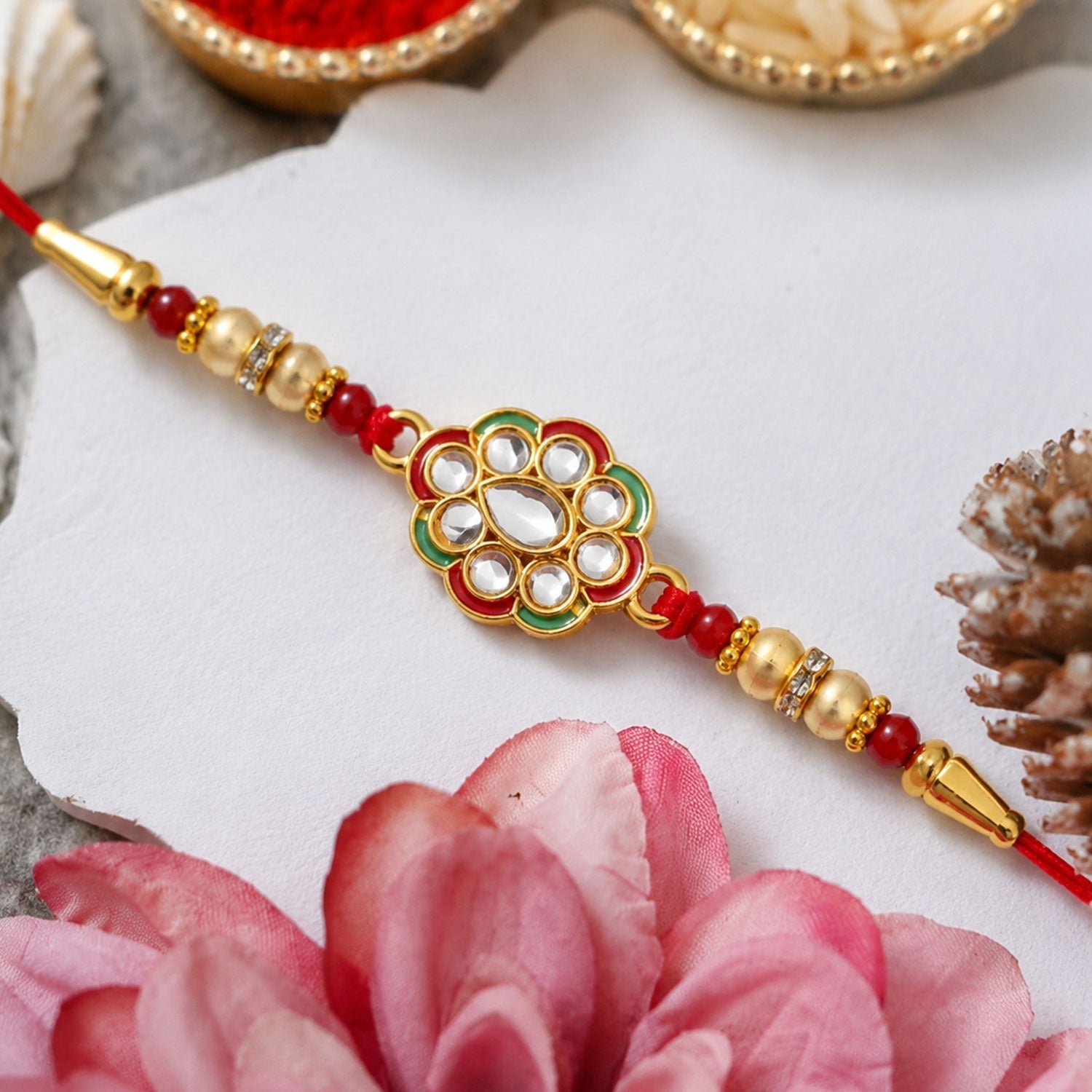 Kundan Work Floral Rakhi Elegant Traditional Raksha Bandhan Gift (5pcs)