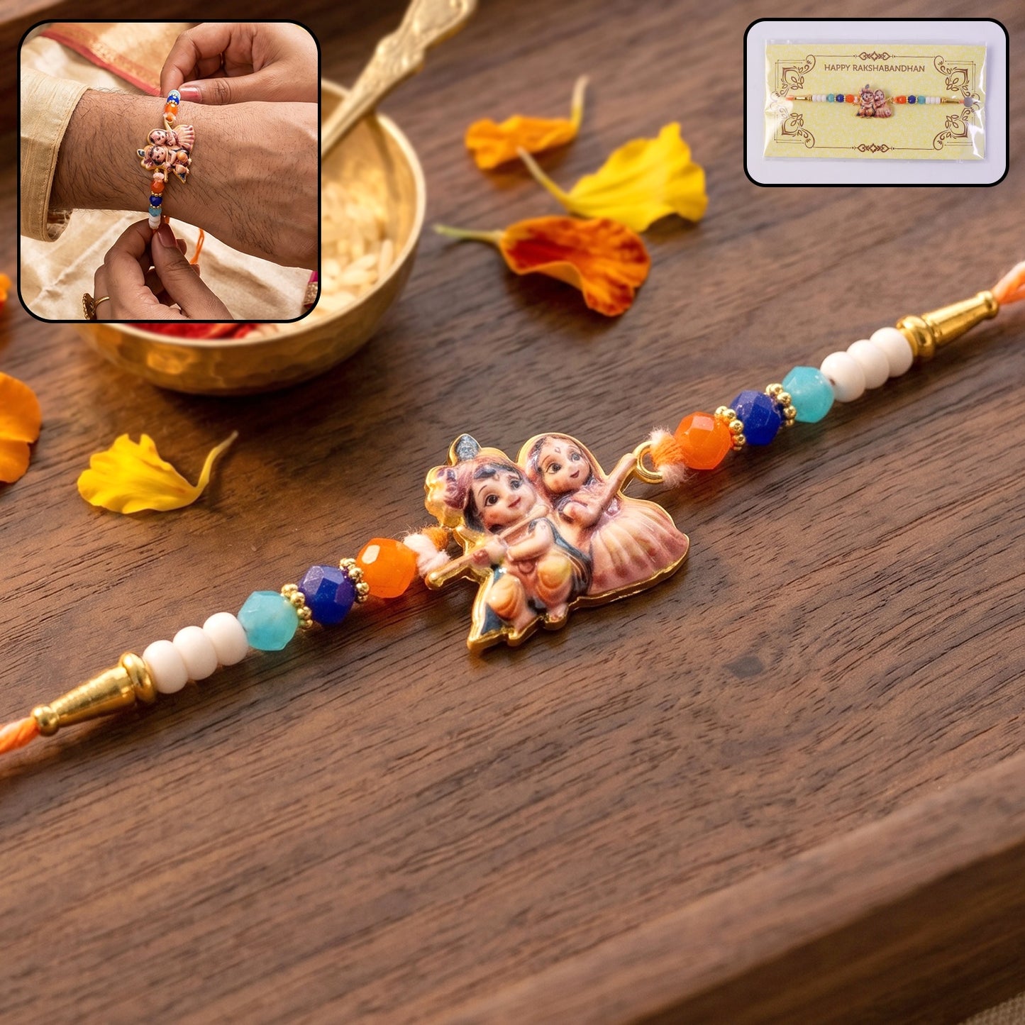 Radha Krishna Designer Rakhi with decorative beads on soft thread
