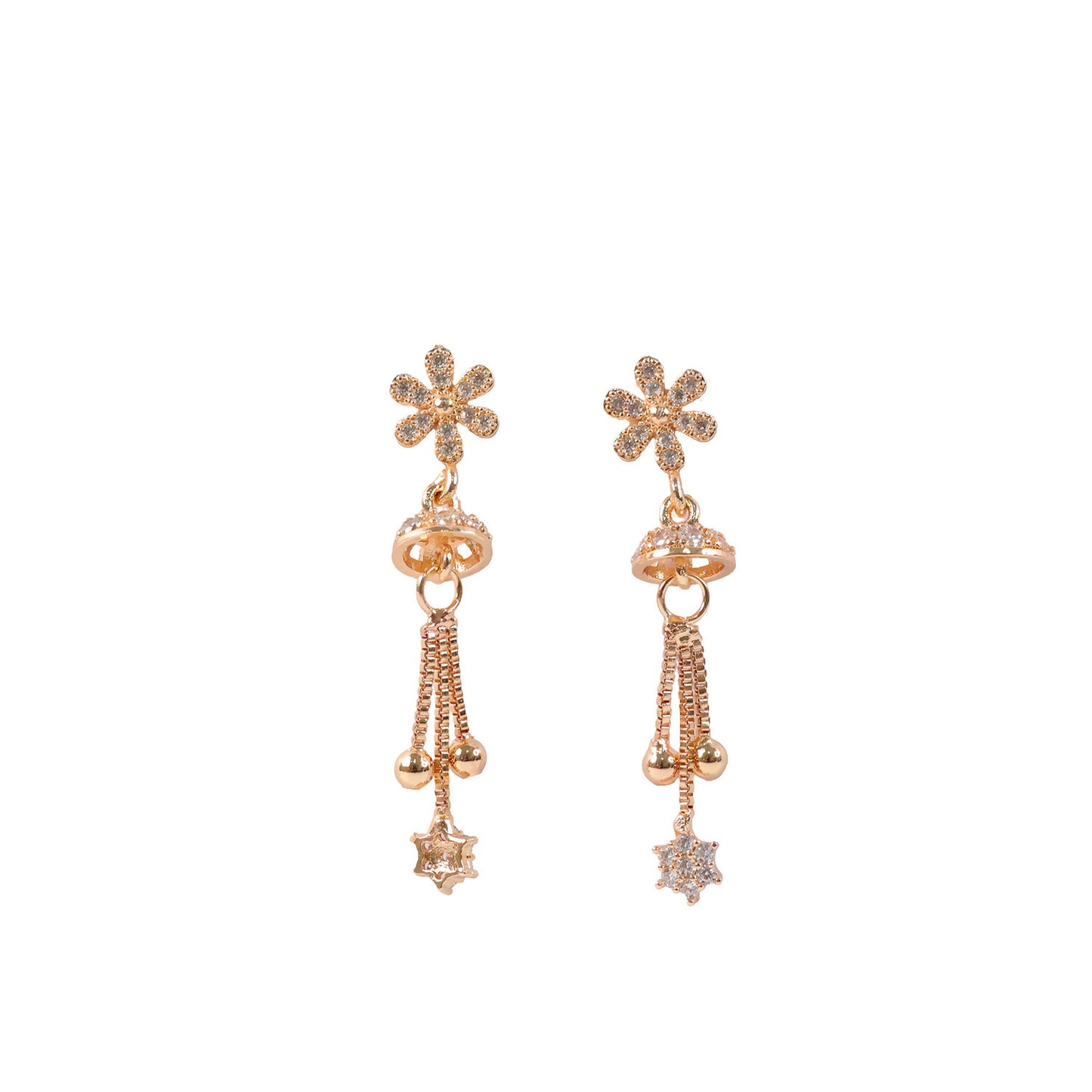 Side view of rose gold drop earrings with crystal encrusted floral star