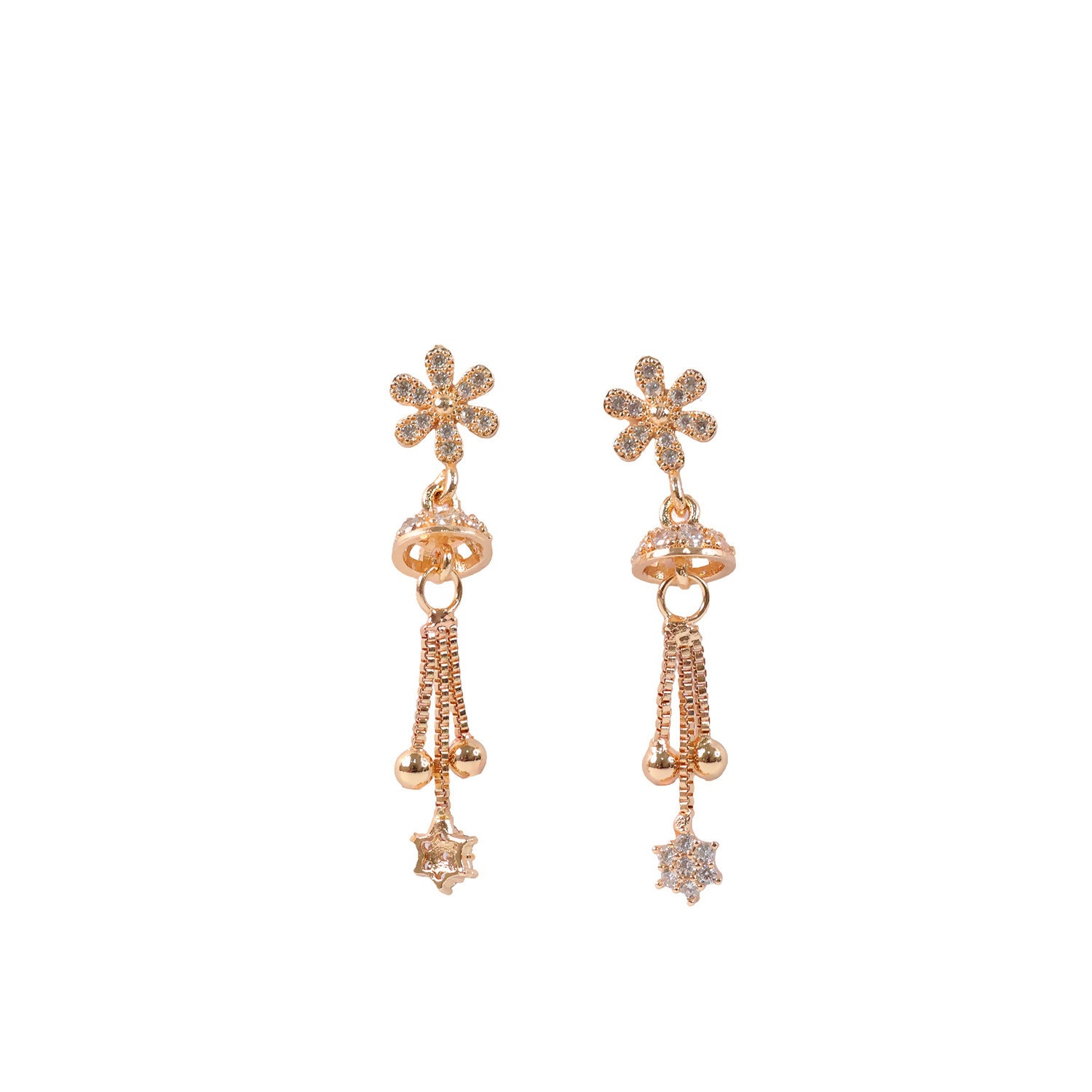 Side view of rose gold drop earrings with crystal encrusted floral star