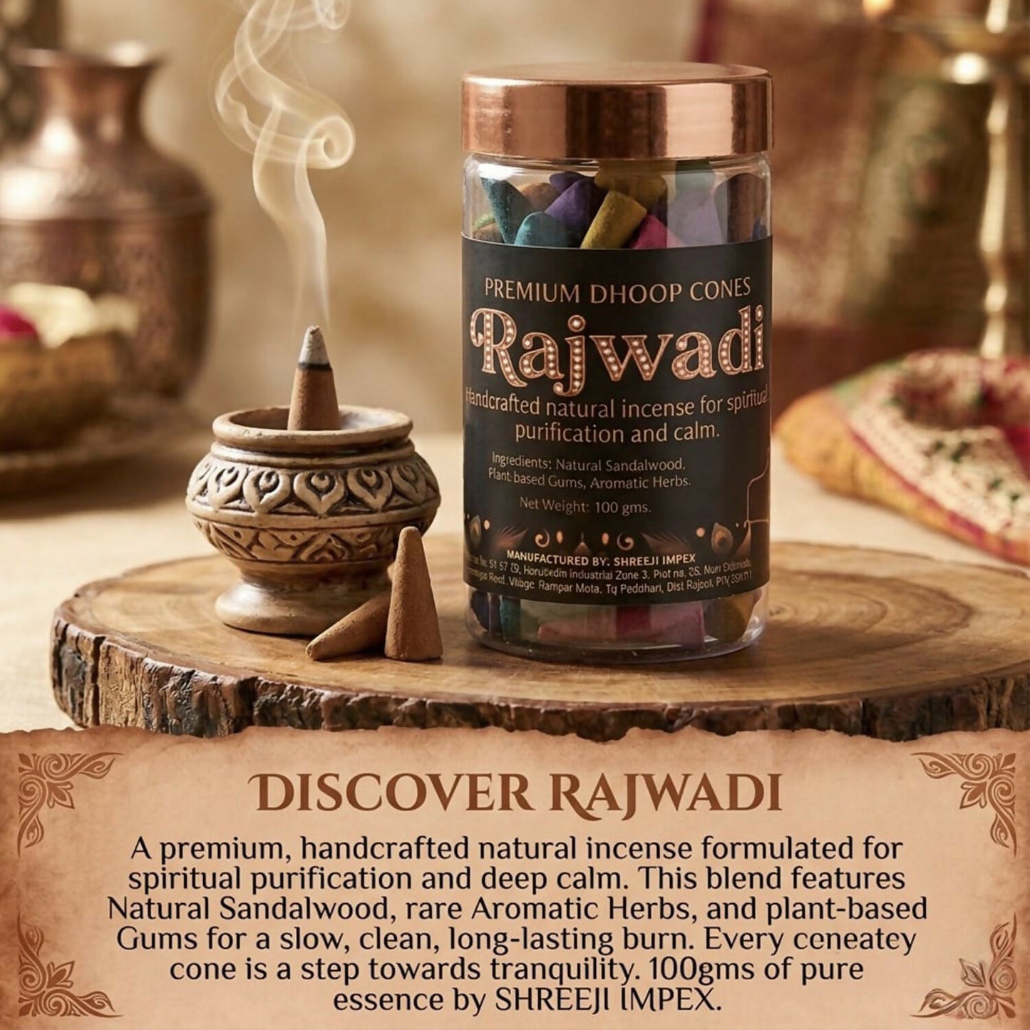 Burning Rajwadi Dhoop Cone with smoke rising