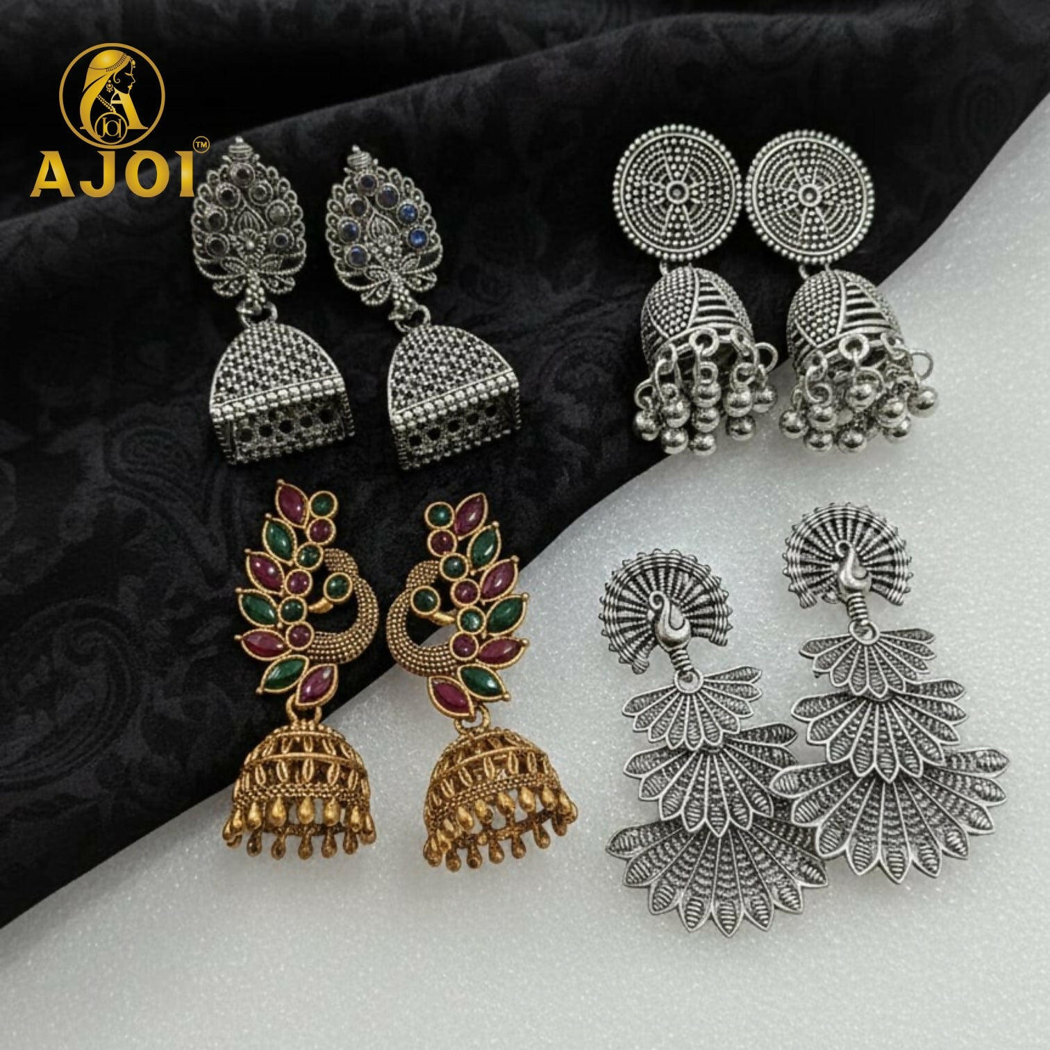 Peacock temple earrings combo featuring oxidized silver and antique gold with intricate peacock design