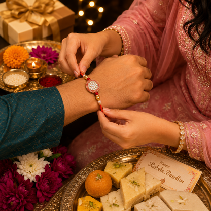 Hands tie a red and gold bracelet with a crystal medallion onto a wrist, surrounded by gifts, sweets, and flowers.