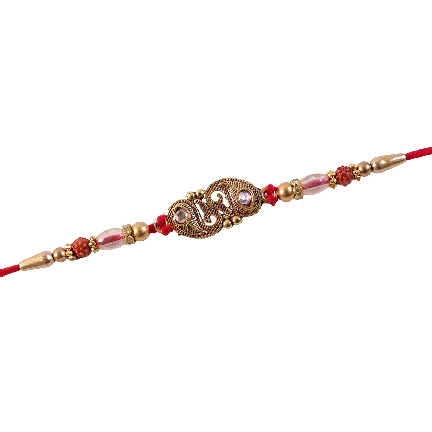 Antique Twin Paisley Kairi Motif Kundan Rakhi with Rudraksha & Crystal Beads