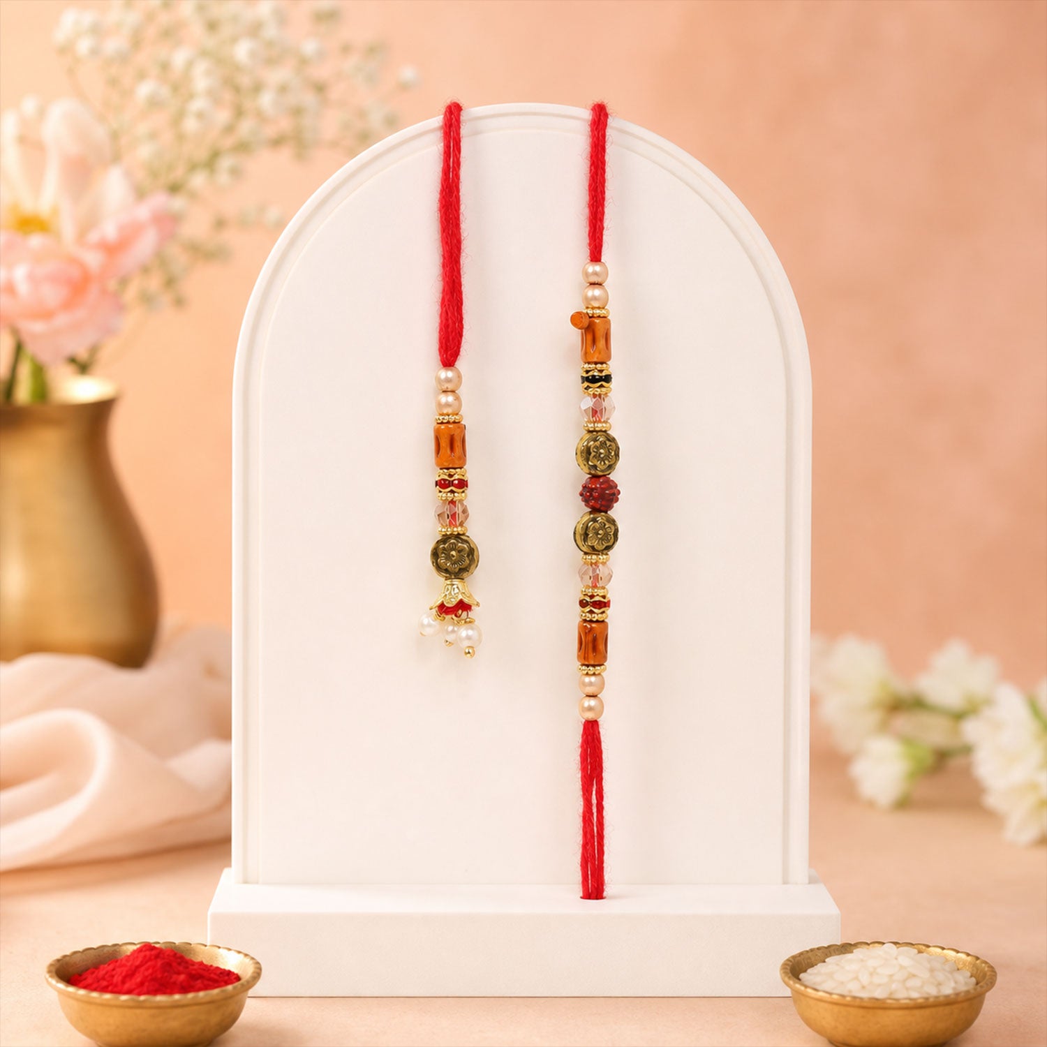 Graceful Beaded Minimal Design Bhai Bhabhi Rakhi with Beads and Charm for Gifting