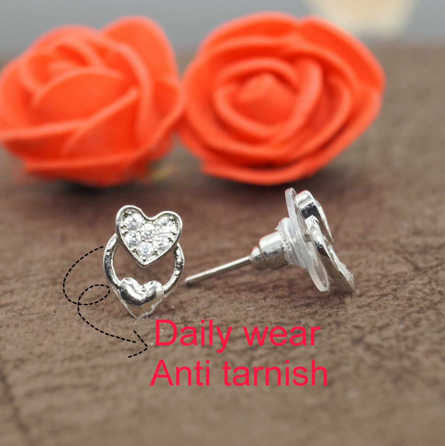 Sterling Silver AD Heart Stud Earrings for women and girls