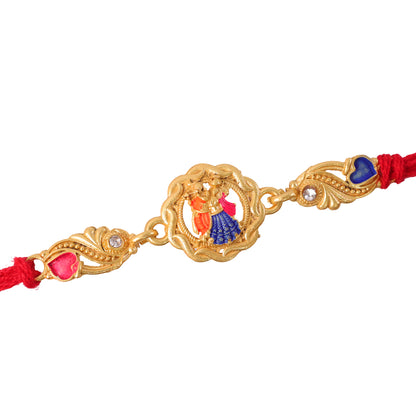 Gold-Toned Radha Krishna Rakhi with Multicolor Enamel, Crystal Accents & Red Thread
