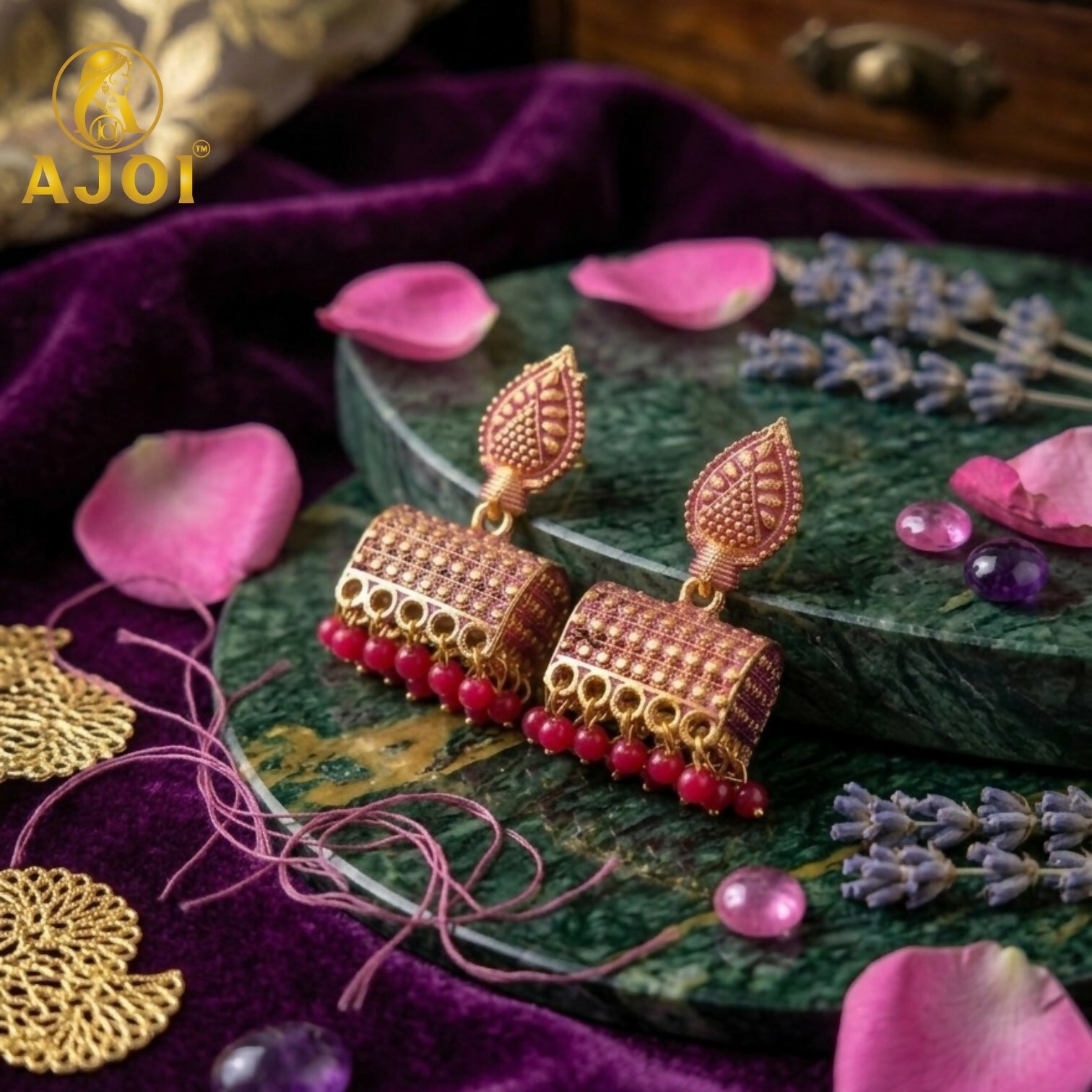 Antique Gold-Plated Leaf Design Jhumka Earrings with Pink Bead Drops