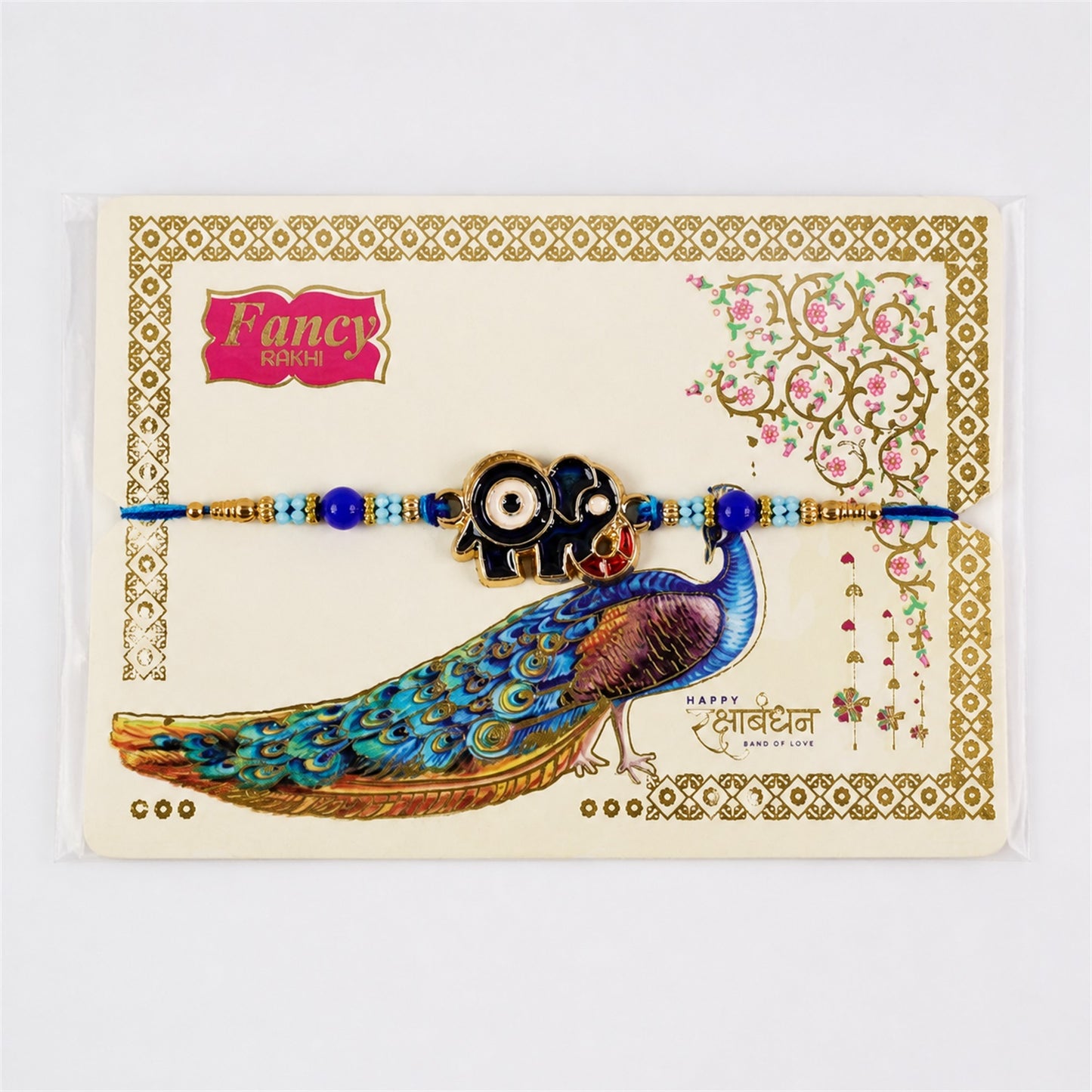 Elephant Motif Nazar Evil Eye Enamel Blue Bead Rakhi
