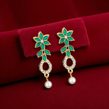 Emerald Green & Crystal Leaf Motif Necklace Set with Pearl Drop