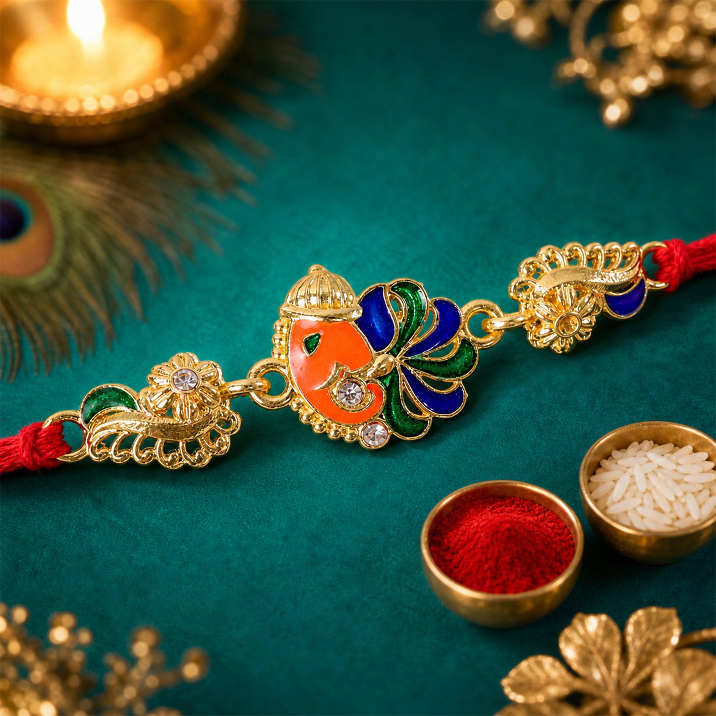 Gold-Toned Lord Ganesha Rakhi with Peacock Feather Enamel, Crystal Accents & Designer Red Thread