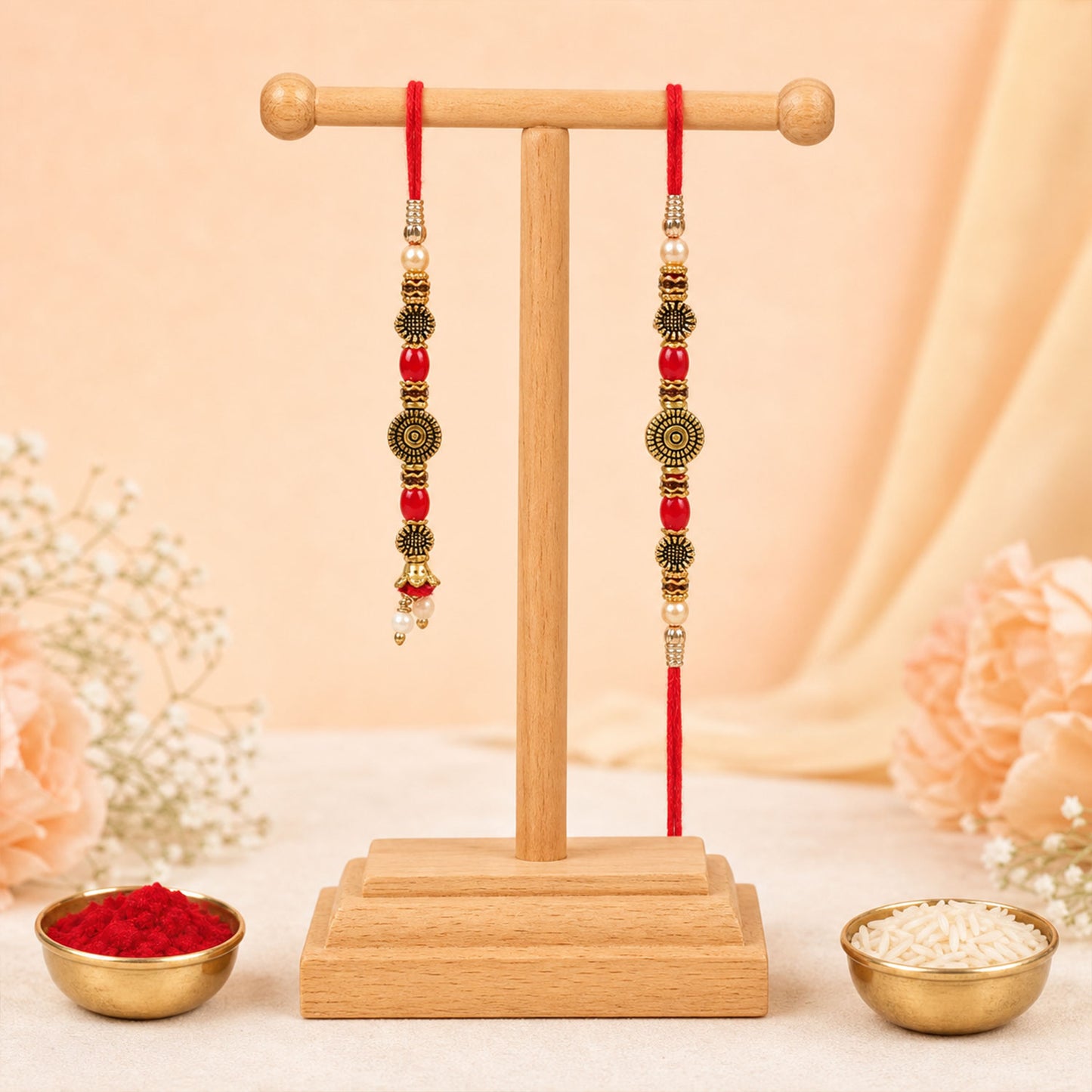 Graceful Beaded Minimal Design Bhai Bhabhi Rakhi with Beads and Disc for Gifting
