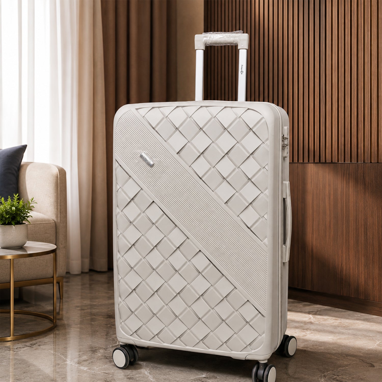 Beige Grey Premium Trolley Luggage with Spinner Wheels, Lock & Telescopic Handle