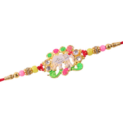 Festive Rakhi featuring Elephant Charm and gold trims in display look for Gift Use