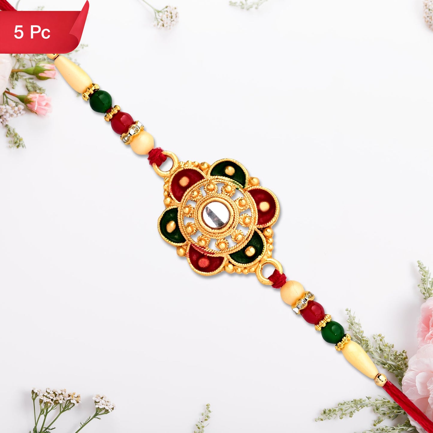 Designer Flower Motif Kundan Rakhi with Beads Rakhi for Brother (5pcs)