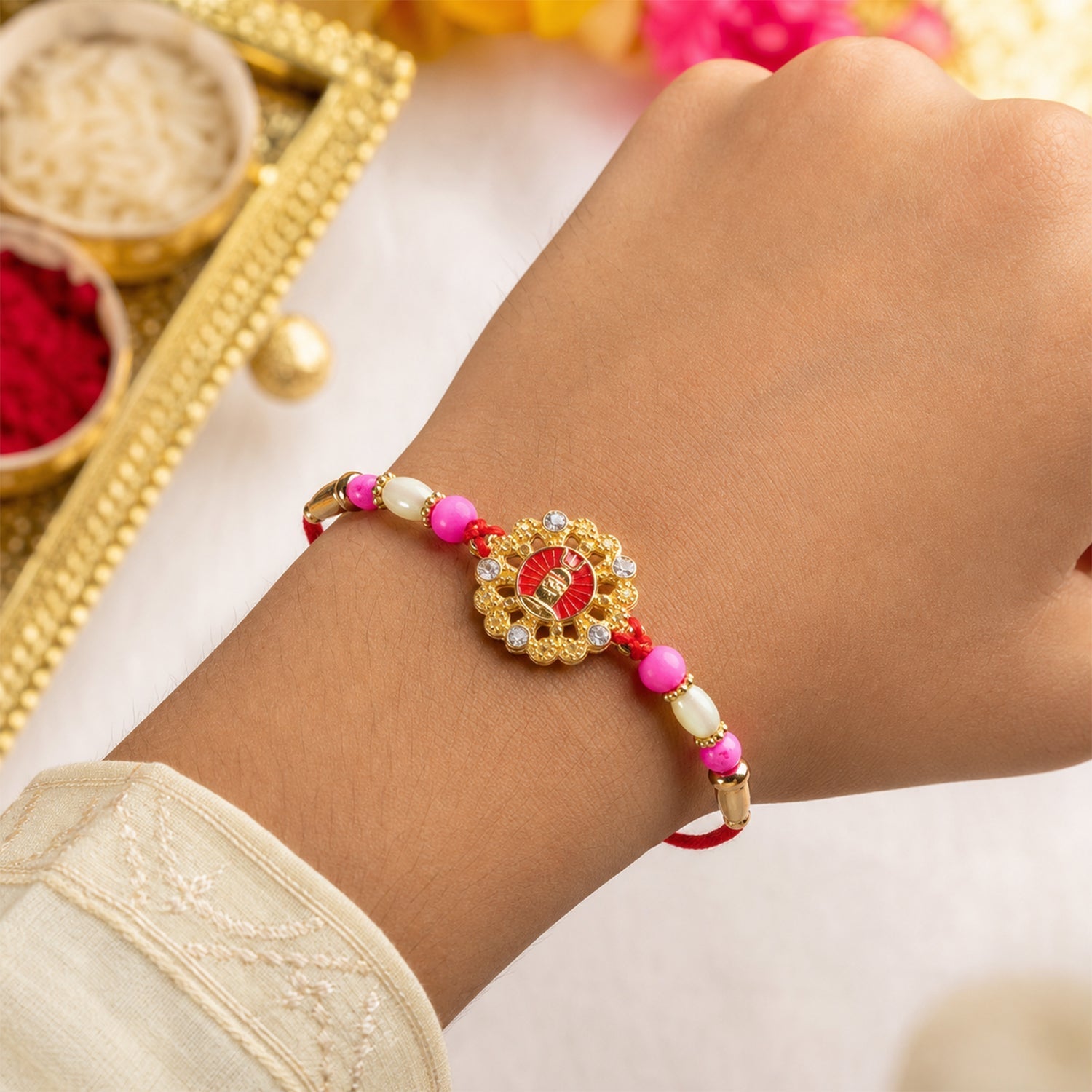 Shivling Trishul Rakhi with Stones & Beads Devotional Rakhi for Brother (5pcs)