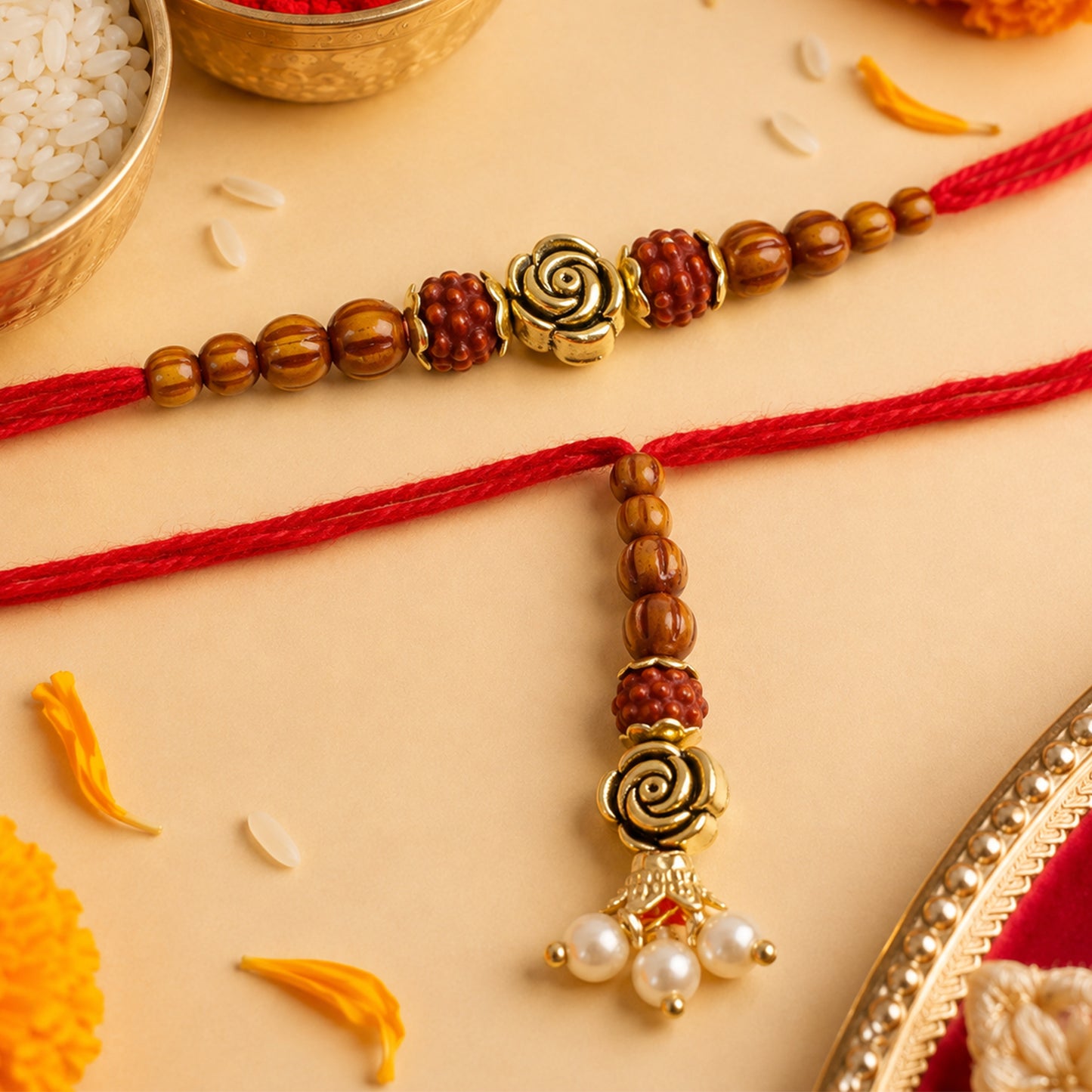 Antique Rose Couple Rakhi Set with Amber Beads and Pearl Drops for Raksha Bandhan