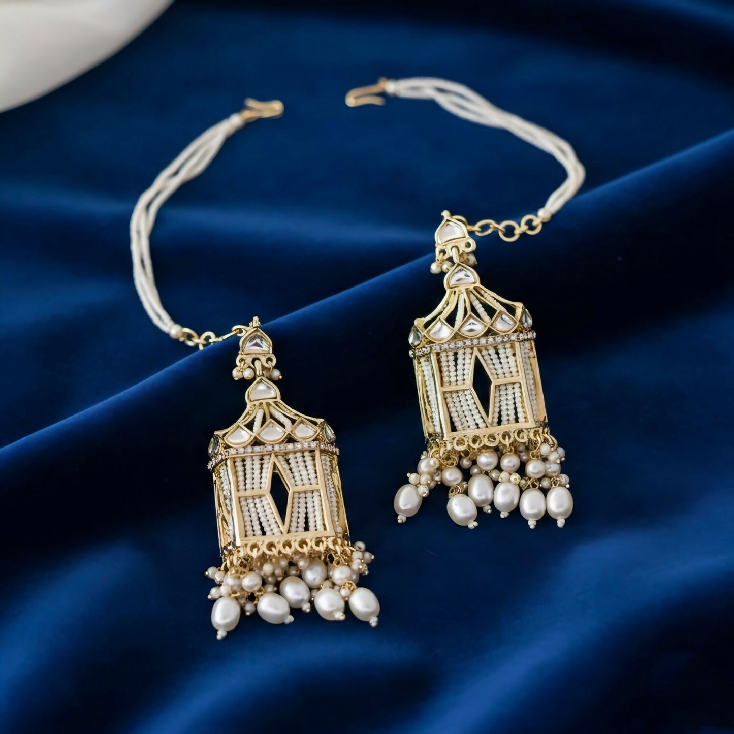 Vintage Birdcage Kundan & Pearl Statement Earrings with Seed Bead Ear-Hanging Chains