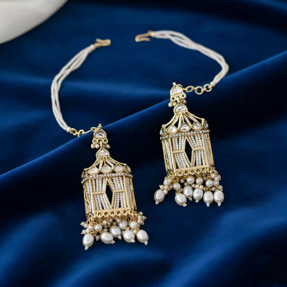 Vintage Birdcage Kundan & Pearl Statement Earrings with Seed Bead Ear-Hanging Chains