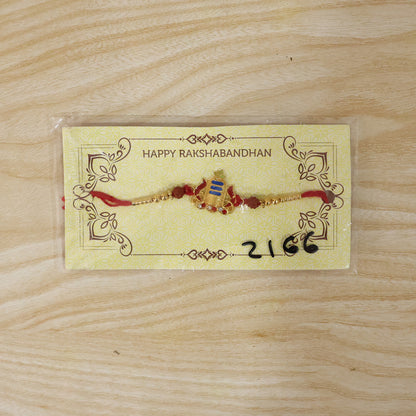 Gold Shivling Rakhi with Blue Tilak and Rudraksha Beads