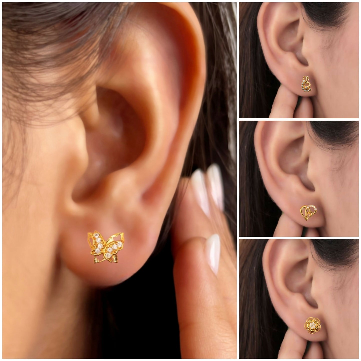 Gold Plated AD Studs Combo - Peacock, Butterfly, Flower & Heart Set for women and girls Combo Pack of 4