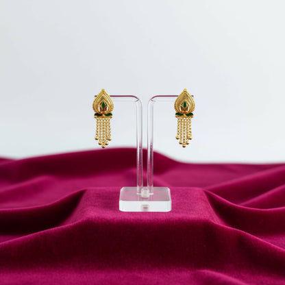 Side view of lightweight 5 Line Golden Earrings showing detailed craftsmanship and dangling golden beads