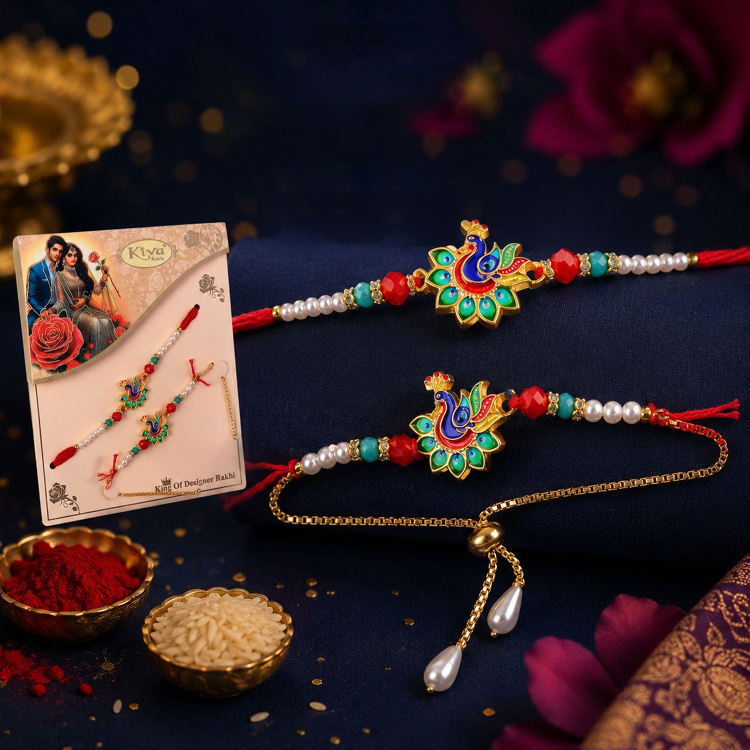 Bhaiya Bhabhi Peacock Meenakari Rakhi & Pearl Drop Lumba Combo