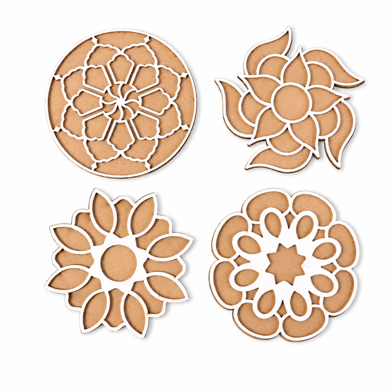 Wooden Rangoli Stencil Set with 4 Reusable Floral Designs for Diwali & Pooja Decor