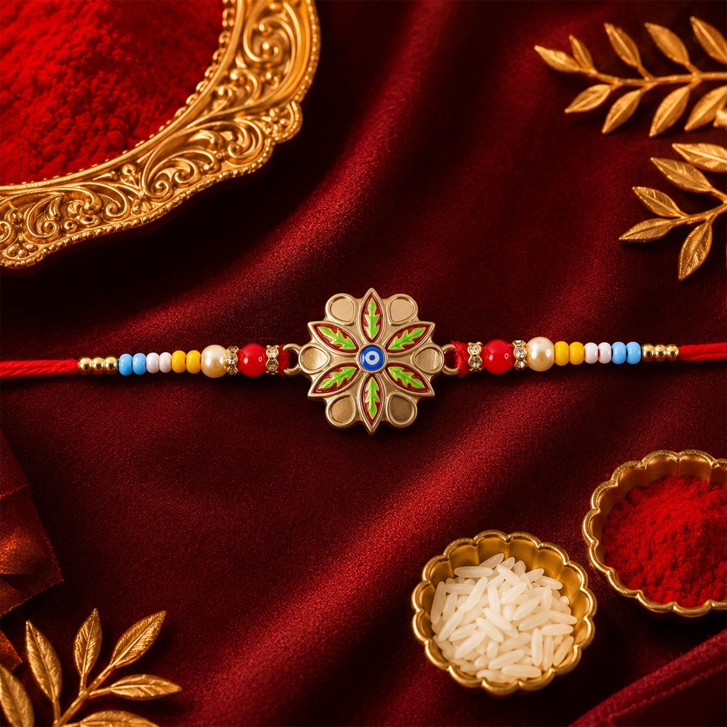 Rakhi for Brother Golden Meenakari Evil Eye with Beads (10pcs)