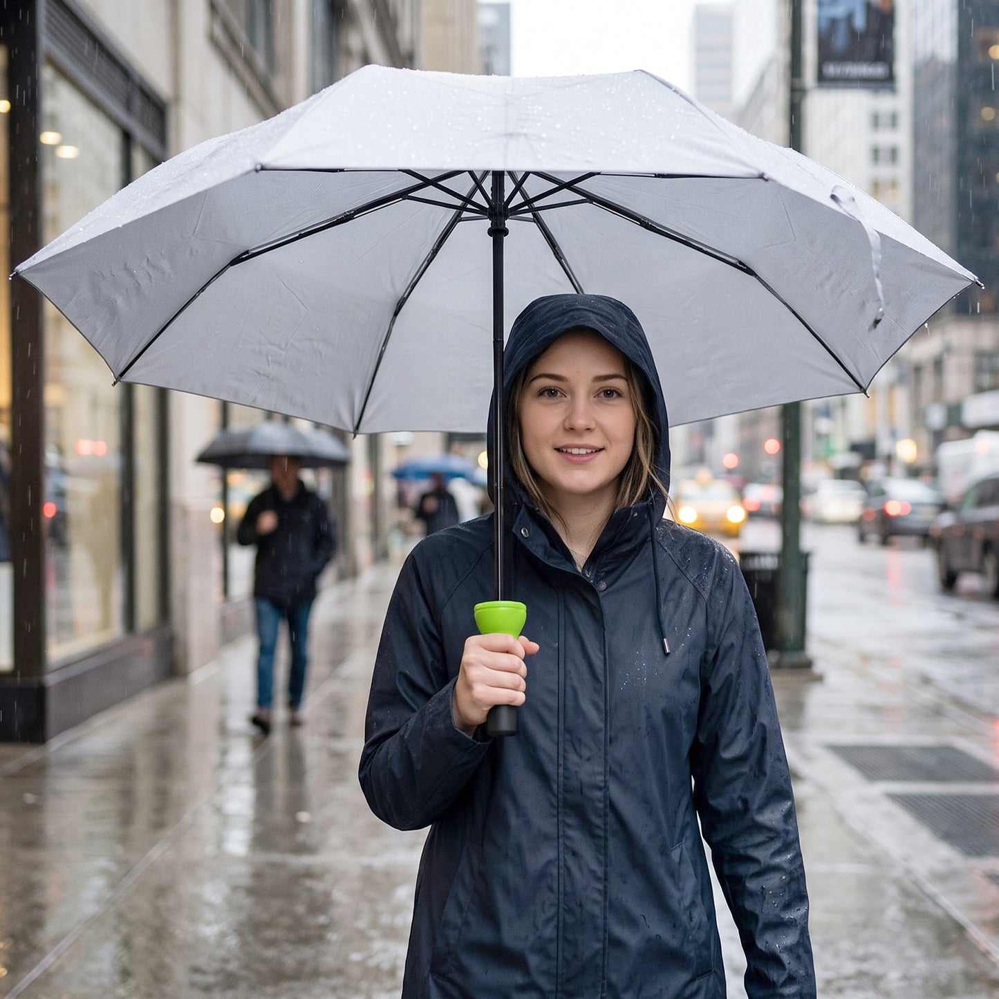 Woman in a dark blue raincoat holding an open grey umbrella with a green handle on a rainy city street.