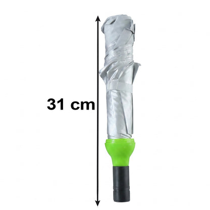 Collapsed grey umbrella with a green handle, showing a 31 cm length measurement on a white background.
