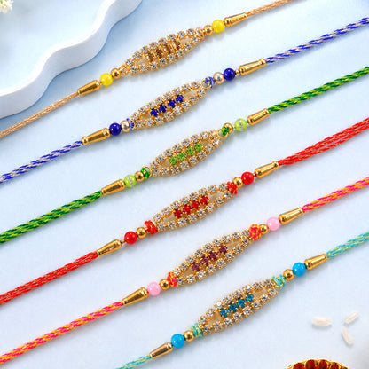 Pointed Oval Motif Rakhi with Shimmering AD Stones (Pack of 6)
