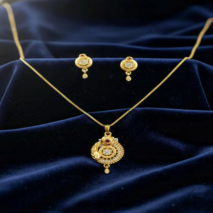 Gold-Plated Circular Pendant Necklace with Matching Drop Earrings – Floral Diamond & Ruby Accents