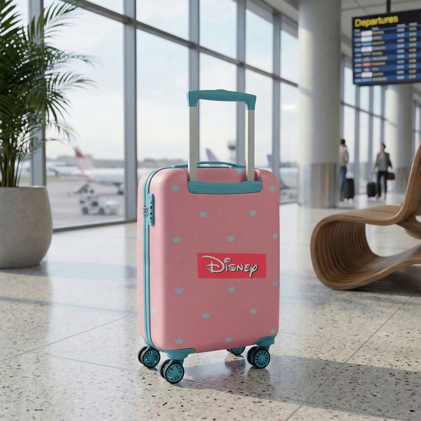 Close-up of the four durable wheels on Disney Princess kids trolley bag
