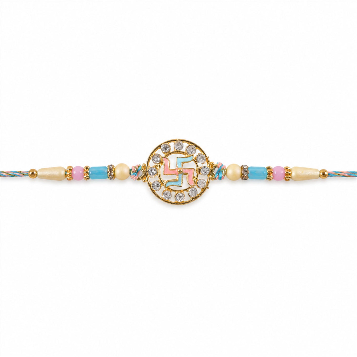 Divine Rakhi showcasing Swastik Circle Plaque, gold trims and chain look for Gift Use