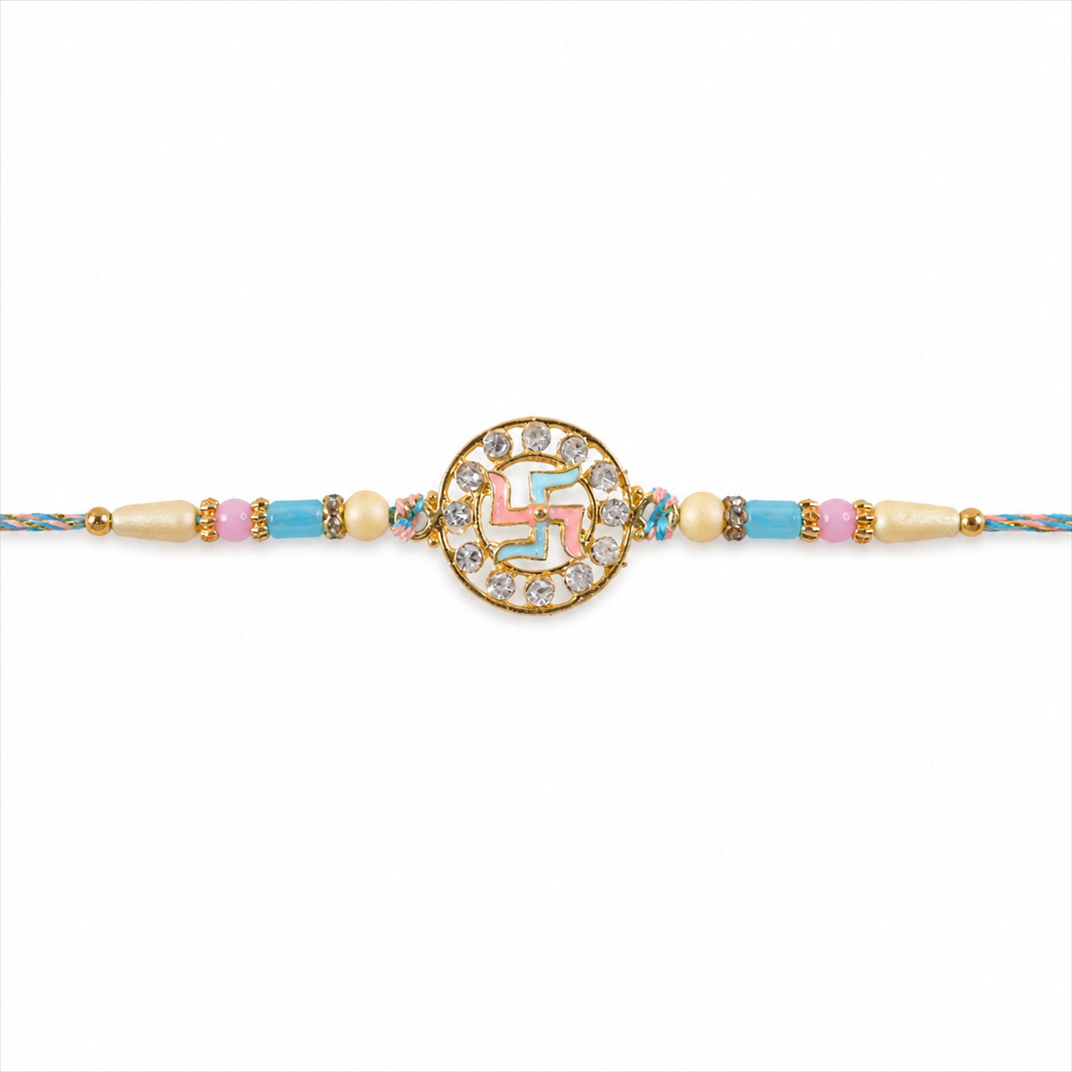 Divine Rakhi showcasing Swastik Circle Plaque, gold trims and chain look for Gift Use
