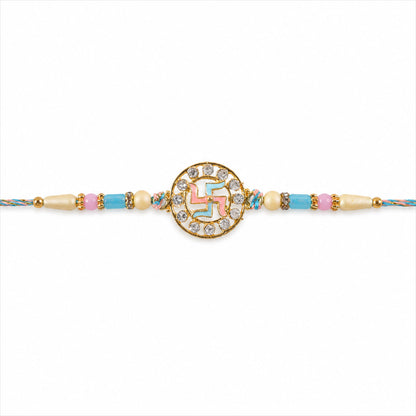 Divine Rakhi showcasing Swastik Circle Plaque, gold trims and chain look for Gift Use