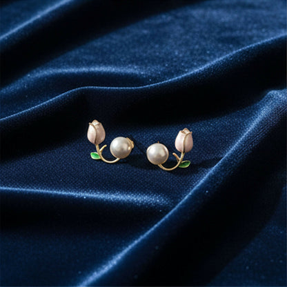 Dainty Enamel Tulip & Round Pearl Korean Style Earrings – Chic Nature-Inspired Jewelry