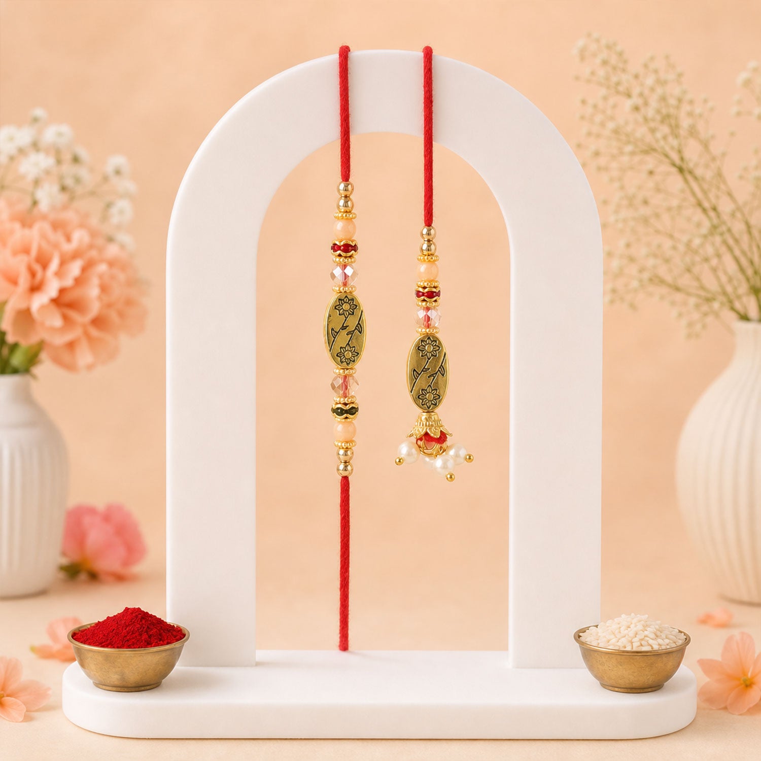 Circular Medallion Bhai Bhabhi Rakhi with Oval Medallion and Floral Tassel for Gift
