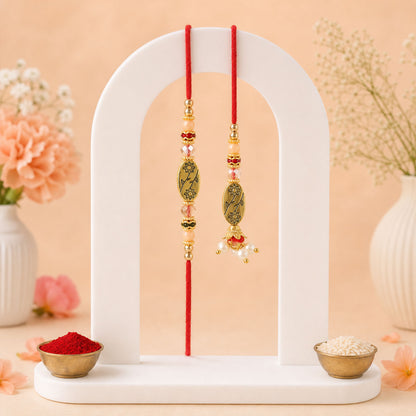 Circular Medallion Bhai Bhabhi Rakhi with Oval Medallion and Floral Tassel for Gift