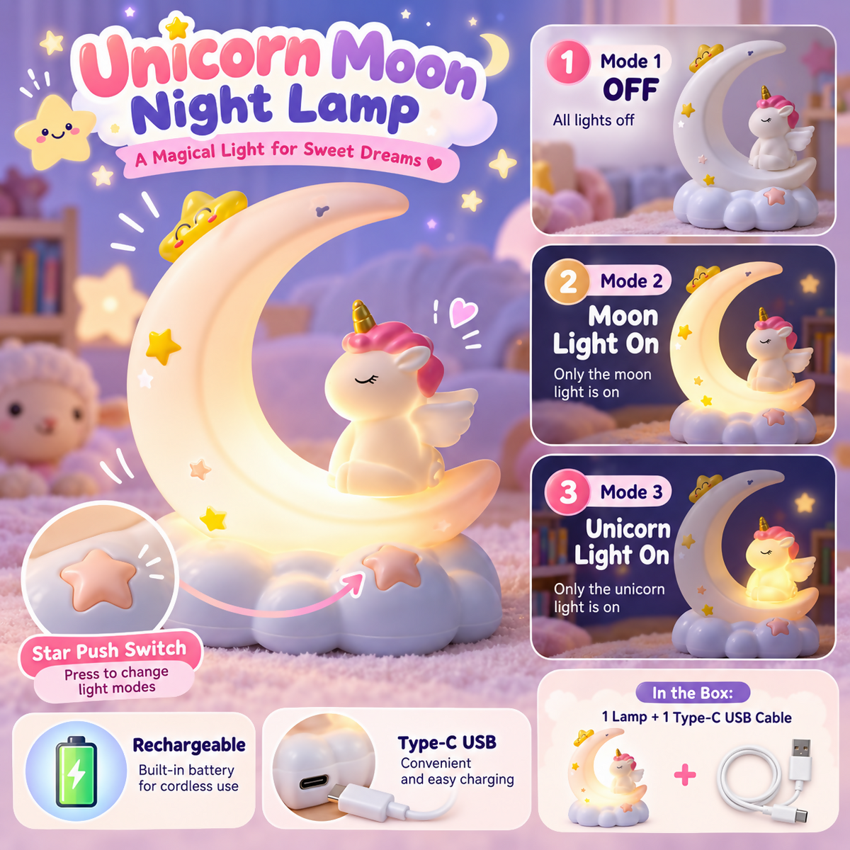 A collage displays the unicorn moon night lamp's three light modes, push switch, and USB charging.