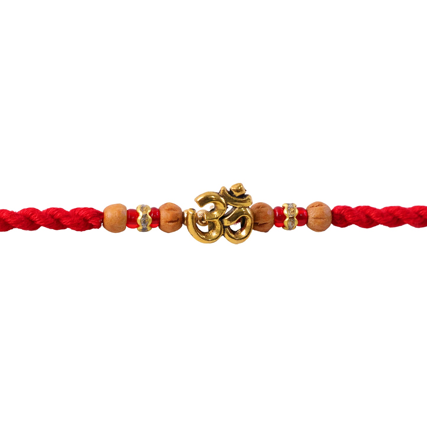 Navy-Red Thread Rakhi with Golden Om Pendant and Beaded Accents