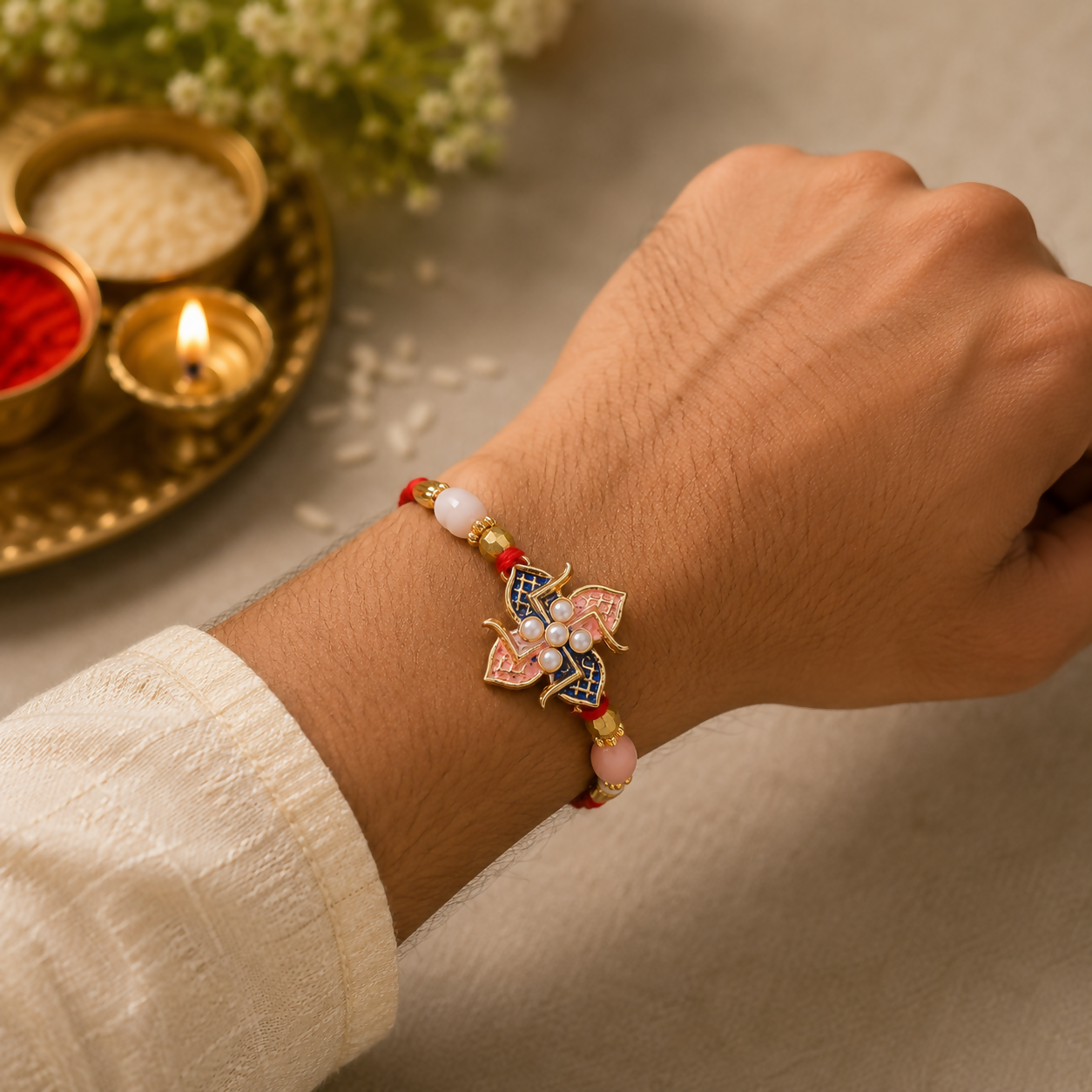 A man's wrist wears a red and white beaded bracelet with a central pink and blue floral charm, with traditional items in the